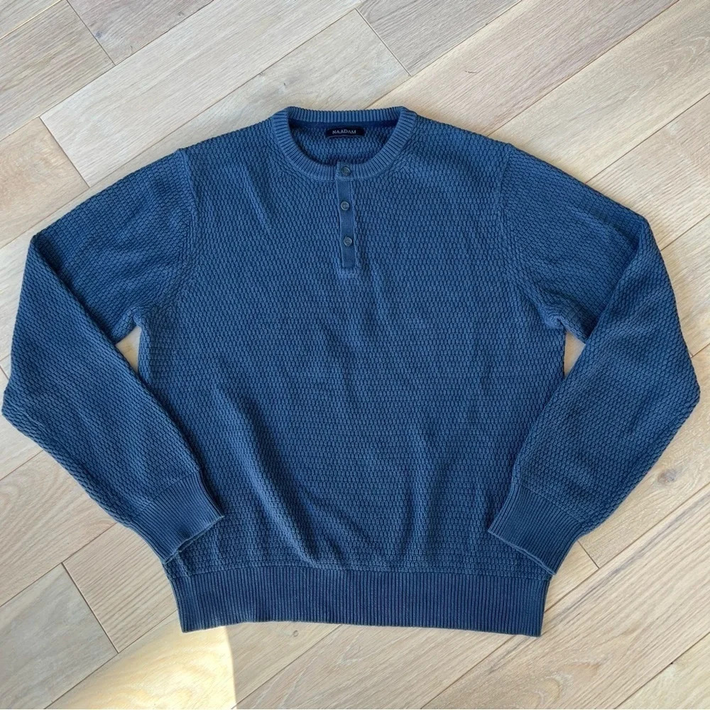 Naadam Men’s Waffle Texture Cotton Henley Sweater Naval Blue Medium Casual Layer
